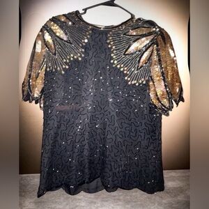 Vintage Laurence Kazar XL Silk Beaded Top - Black & Gold Sequin Sunburst Blouse